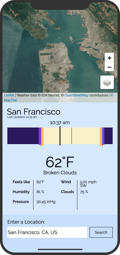 PhotoWeather home screen showing map, radar, sun position, and weather data capabilities