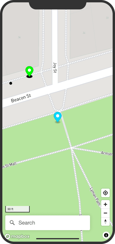 MeterFinder home screen showing two pins: a blue one for the location the user selected and a green one for the nearest parking meter