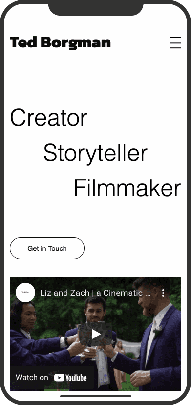 Minimalist homepage with the hero text: creator, storyteller, filmmaker.